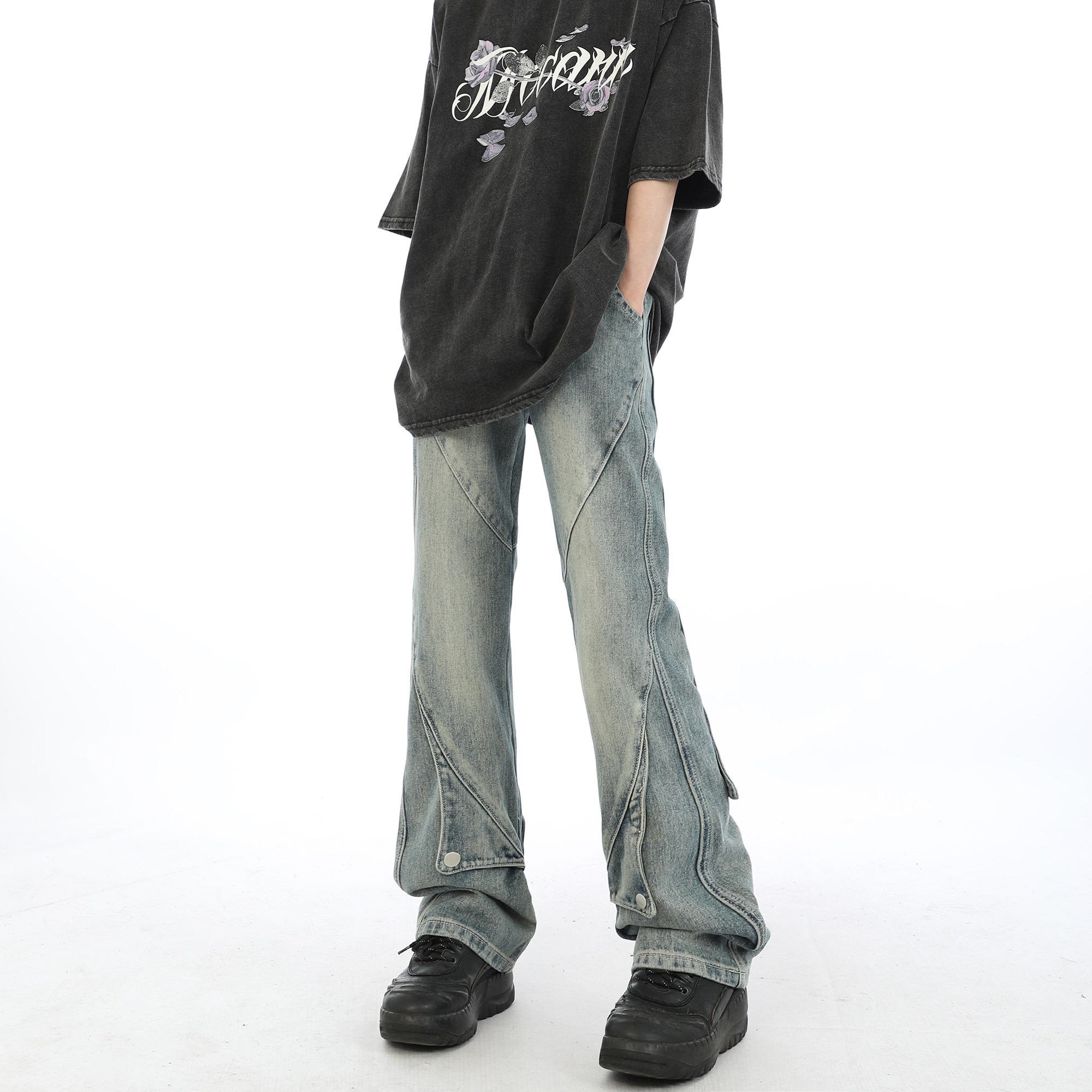 disobey 美式复古小众设计感纽扣牛仔裤男女宽松vibe高街直筒裤子