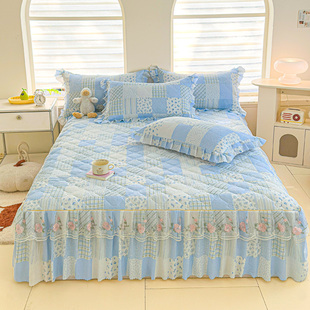 加厚夹棉蕾丝床裙单件韩版 床盖防滑罩纯棉全棉三件套花边遮丑下摆