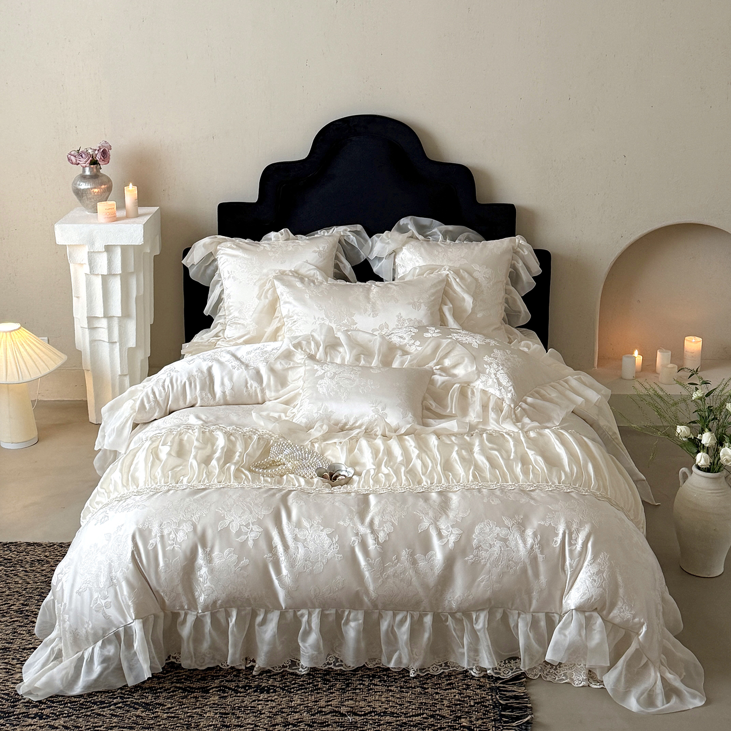 法式轻奢高档长绒棉四件套公主风纯棉全棉床单床盖床品蕾丝被套4