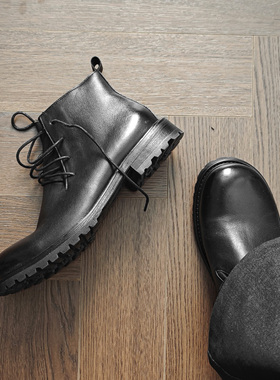 TBOF进口马皮 高帮厚底休闲马丁靴男秋冬款英伦风短靴 一体式鞋舌