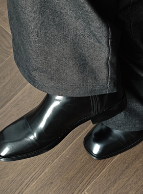 TBOF【高知感首选】方头高帮切尔西靴男亮面牛皮复古侧拉链短靴子