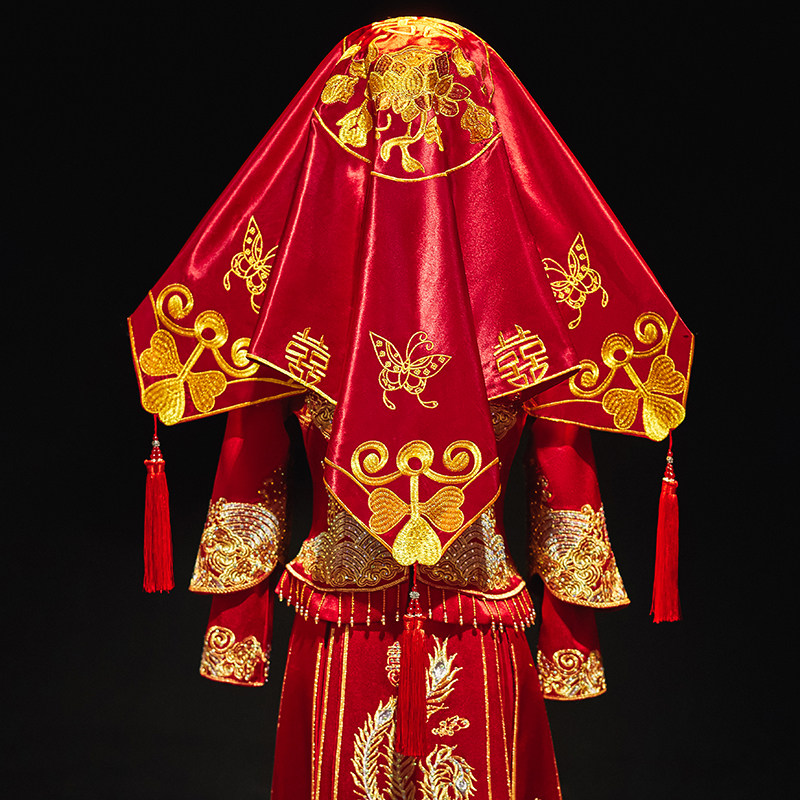 红盖头新娘结婚头纱中式秀禾服复古红色绣花缎面流苏蒙头刺绣喜帕