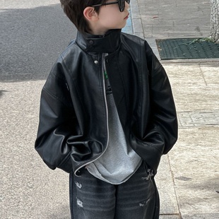 小儿户外男童复古软皮衣外套春秋儿童美式飞行员夹克痞帅上衣童装