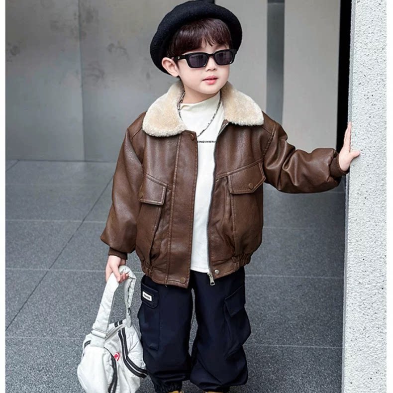 男童加绒皮衣外套小儿户外秋冬季儿童加厚夹克宝宝工装裤子两件套