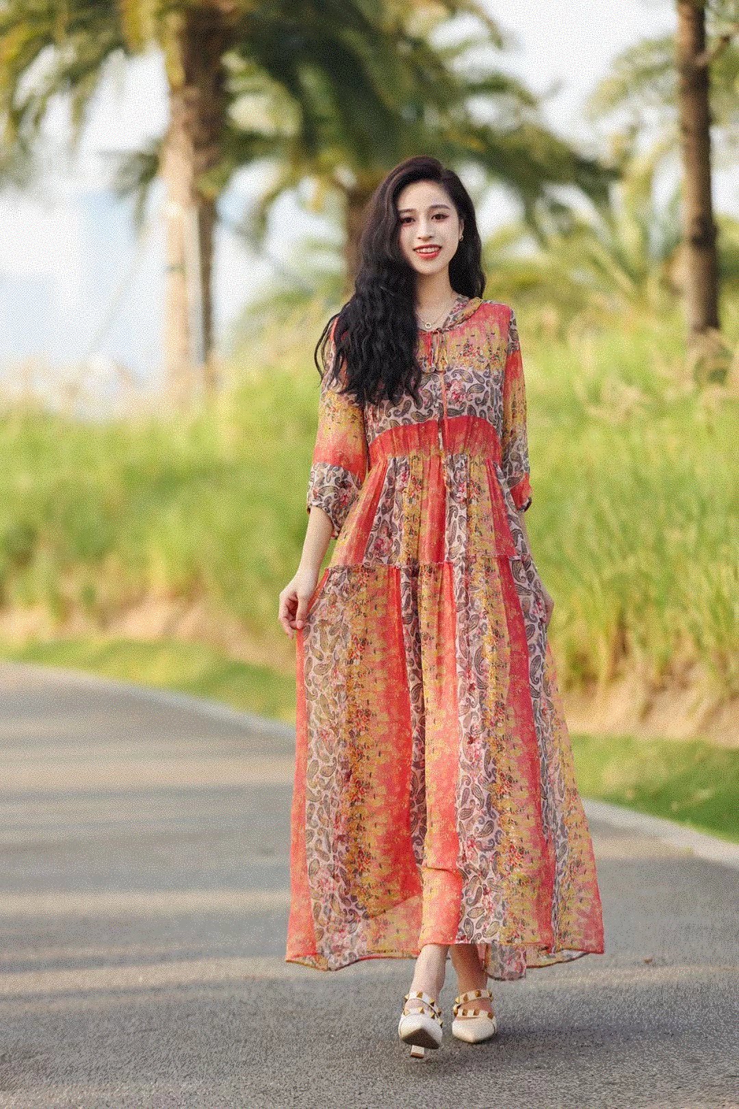 欧洲站2024春夏新欧货hh时尚洋气乔其真丝印花显瘦中袖连衣裙