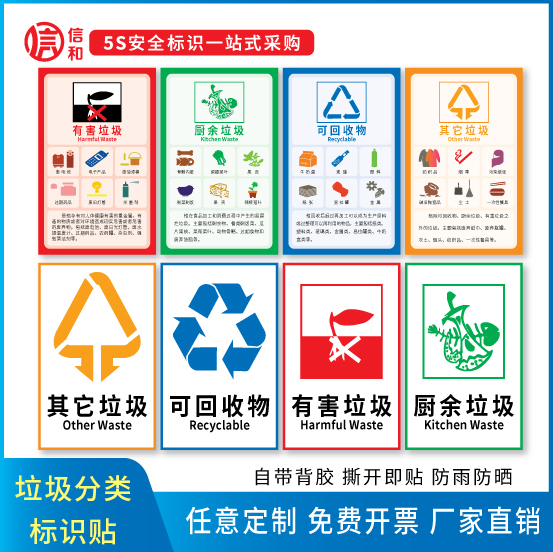 可回收不可回收标示贴纸提示牌垃圾桶分类标识其它有害厨余干湿干垃圾箱标签贴危险废物固废电池回收指示贴