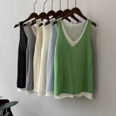 坎肩打底衫 南油高货背心女 V领时尚 新款 气质撞色假两件背心女夏季