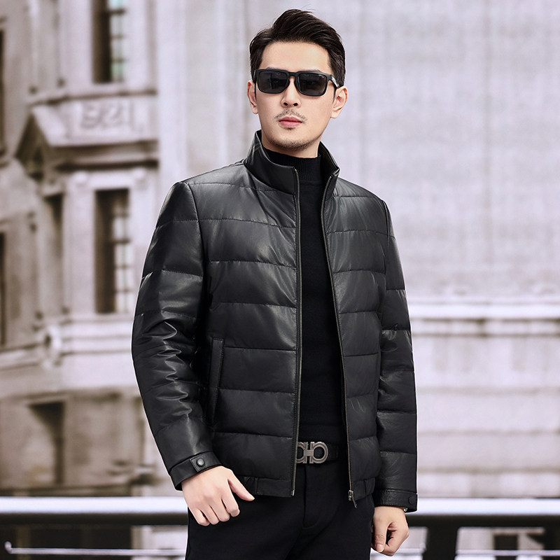 2026头层小牛皮羽绒服男士真皮皮衣立领短款修身外套加绒皮夹克冬