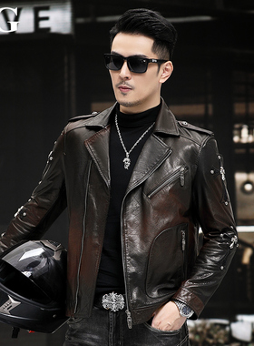 新款雅痞潮流机车山羊皮外套男士真皮皮衣修身短款哈雷皮夹克