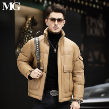 港风鹅绒加厚真皮皮衣羽绒服立领短款绵羊皮外套冬季机车皮夹克潮