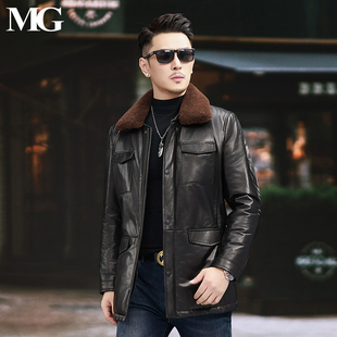 2025美式猎装真皮皮衣羽绒服男士羊羔毛领加厚修身外套山羊皮夹克