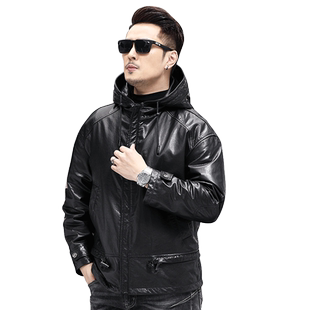 可拆鹅绒内胆头层纯牛皮真皮皮衣男羽绒服连帽阔版外套海宁皮夹克