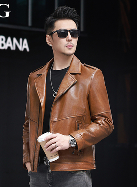 2025秋新款潮男机车服头层小牛皮外套黄色真皮皮衣短款修身皮夹克