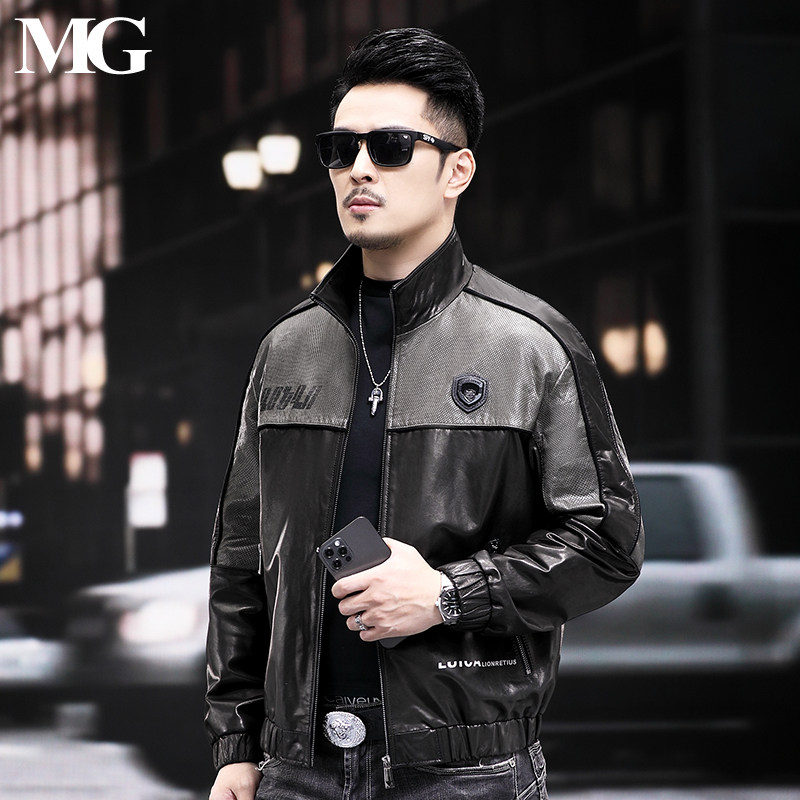 时尚潮男新款立领机车皮夹克男士真皮皮衣修身短款油蜡山羊皮外套