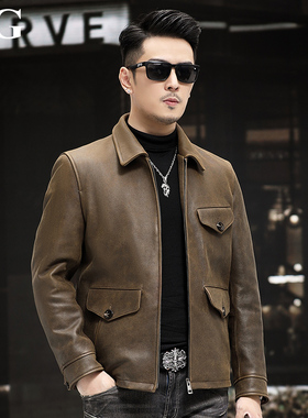 春秋新款马皮皮衣男真皮外套帅气翻领修身美式短猎装厚机车皮夹克