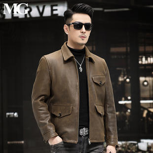 短猎装 美式 厚机车皮夹克 马皮皮衣男真皮外套帅气翻领修身 春秋新款