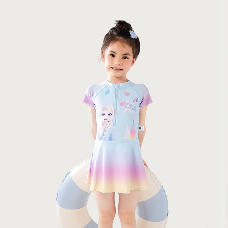 艾莎公主儿童泳衣女童短袖裙子速干冰雪奇缘连体泳装舒适沙滩裙