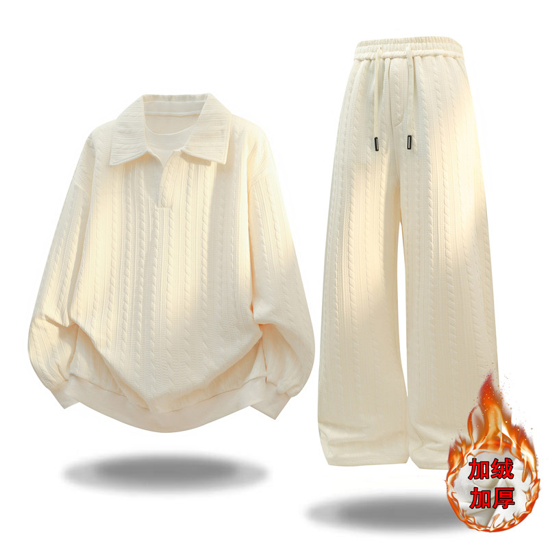 冬季中学生加绒加厚卫衣套装12岁15男孩帅气14大童宽松翻领POLO衫