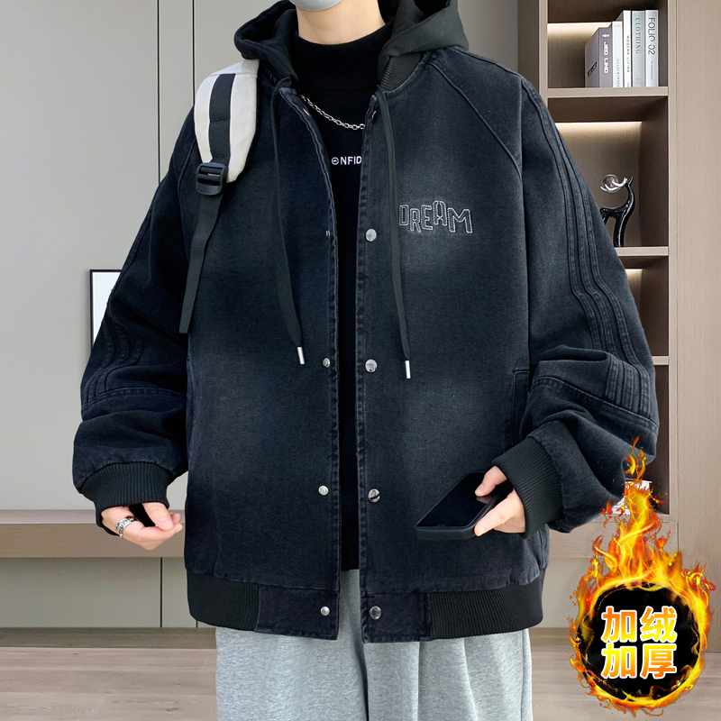 潮流宽松牛仔派克服加绒加厚棉衣