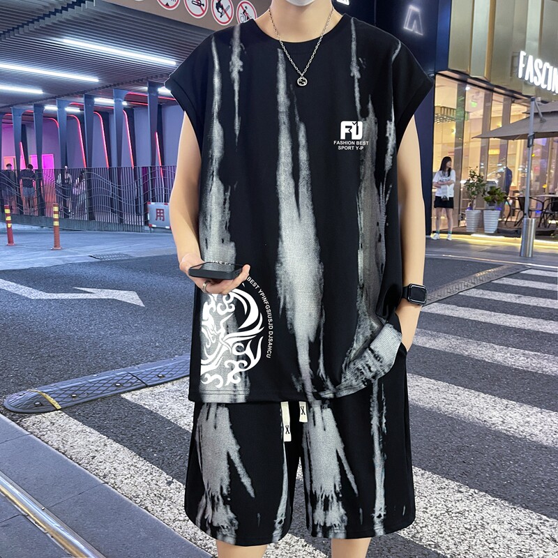 夏季13初中学生无袖t恤套装12-15岁胖男孩帅气大童14宽松运动背心