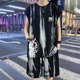 夏季13初中学生无袖t恤套装12-15岁胖男孩帅气大童14宽松运动背心