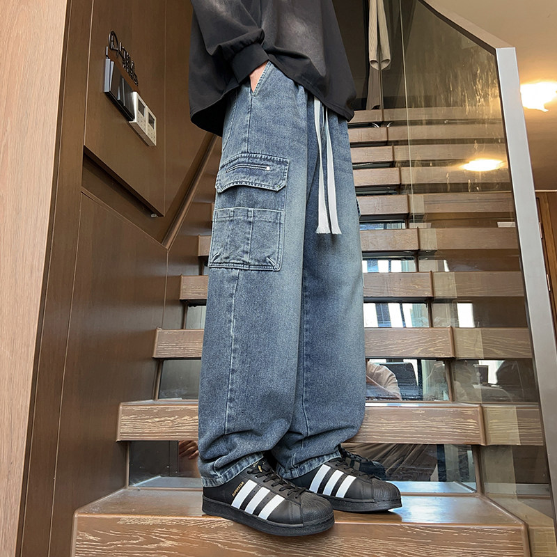 秋季松紧腰牛仔裤12男孩13青少年14中学生15岁大童宽松直筒牛子裤