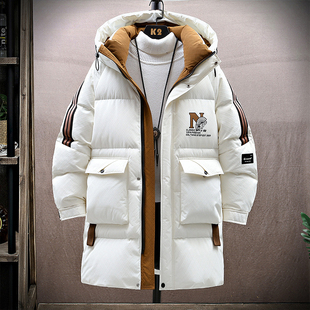 冬季中长款羽绒服男孩12初中学生15岁青少年14大童宽松白鸭绒外套