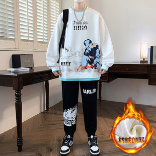 冬季长袖T恤套装13男孩14初高中学生15岁青少年大童加绒加厚卫衣