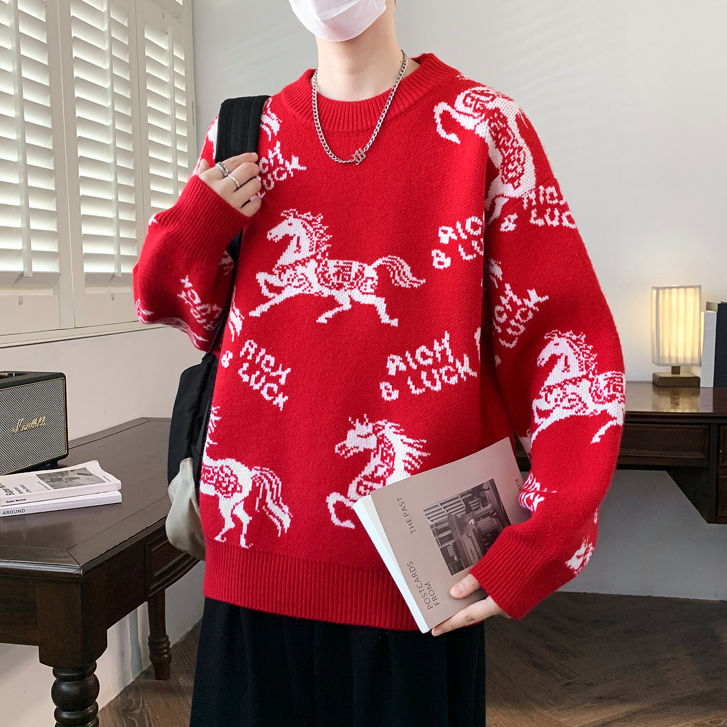 冬季半高领红色毛衣12岁男孩初高中学生13加厚15大童16针织打底衫