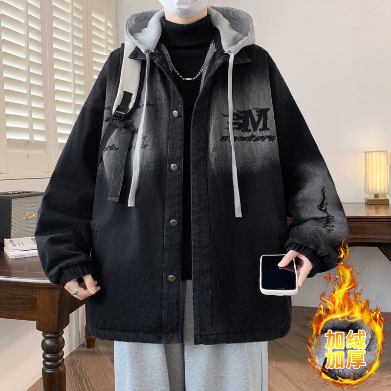 青少年冬季宽松加绒加厚牛仔外套