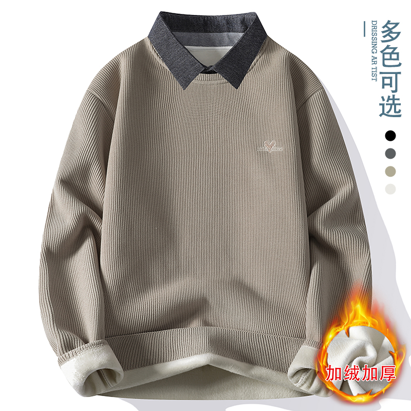 15岁初中学生加绒衬衫领毛衣14青少年13男孩12大童加厚保暖针织衫