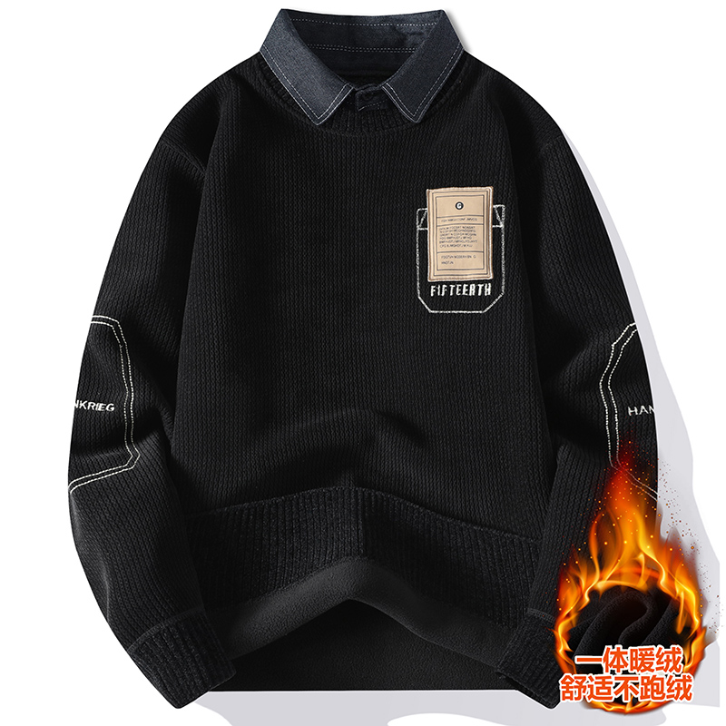 冬季衬衫领加绒加厚卫衣12-15岁男孩13青少年中学生14大童打底衫