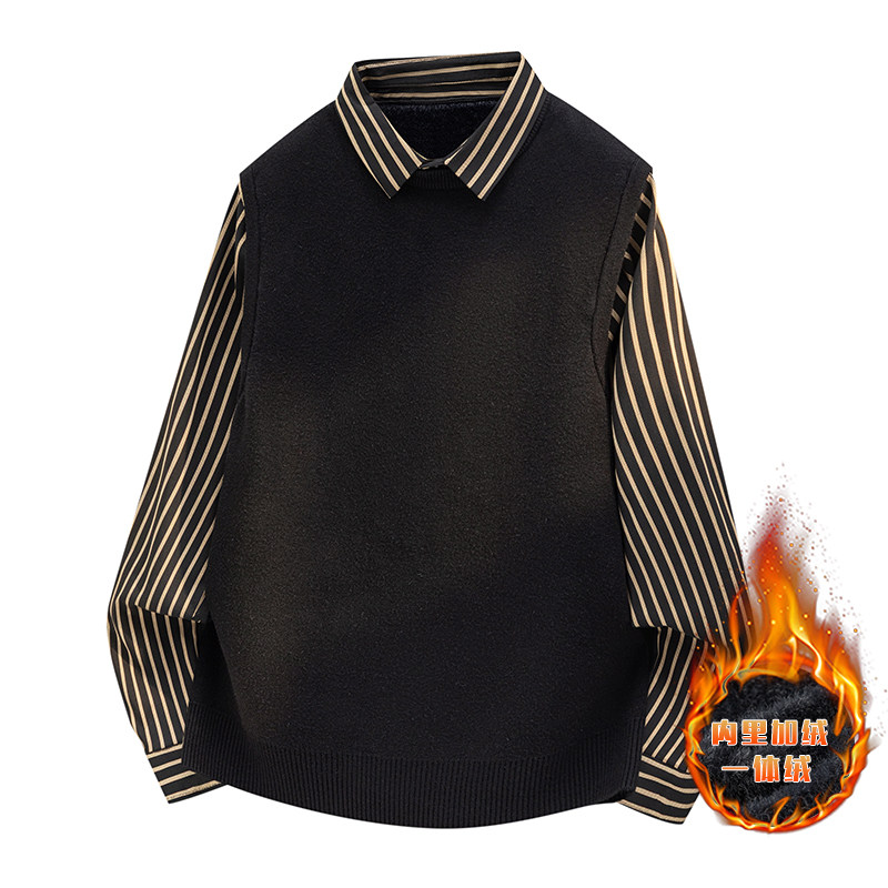 冬季潮流针织衫男孩15岁中学生13大童14青少年加绒加厚衬衫领毛衣