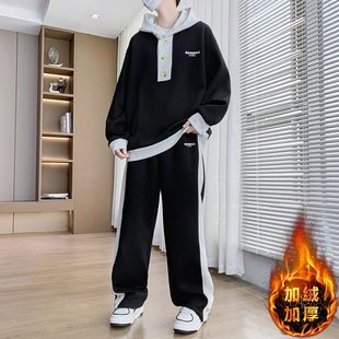 大童12初中学生13岁加绒加厚卫衣14青少年男孩冬装15休闲运动套装