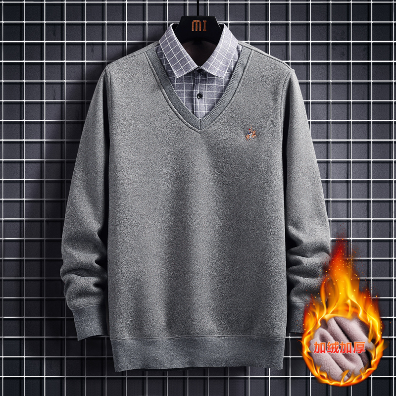 冬季加绒加厚衬衫领卫衣胖男孩12-15岁初高中学生13大童14打底衫