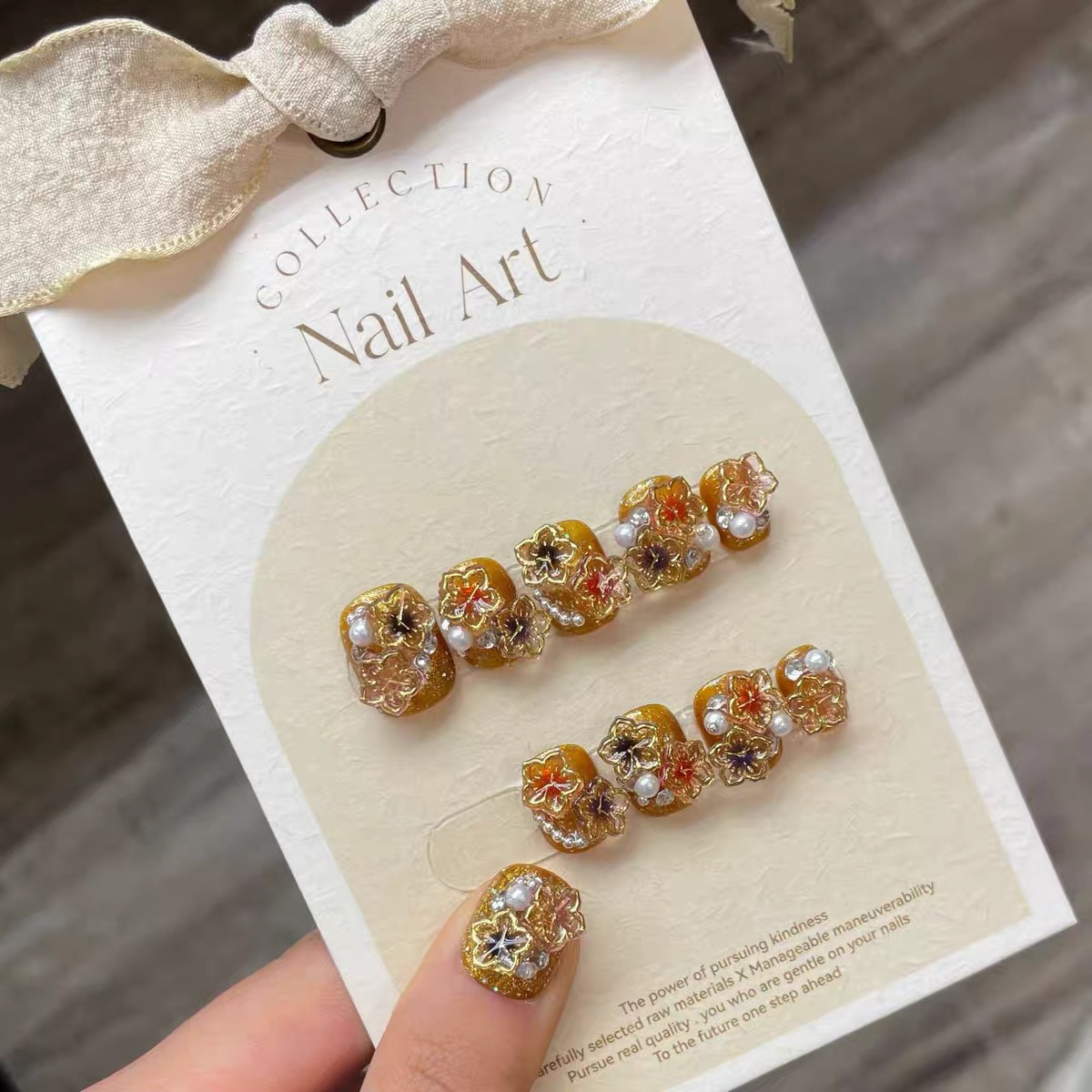 【时来运转】樱花金边烫金琉璃花立体花瓣假指甲纯手工穿戴甲美甲