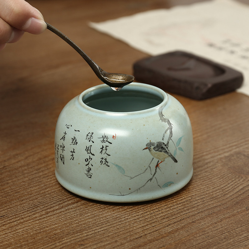 匠人手造 水盂小枝头鸟 文房小水盂水丞复古 书法国画调墨锭文房四宝