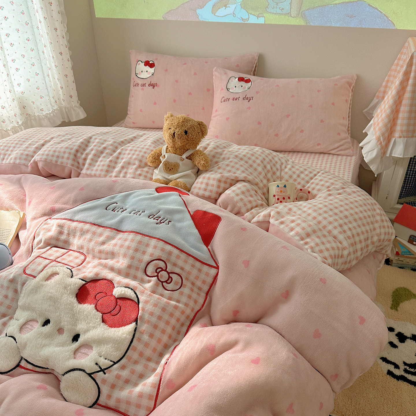 冬季双面加厚牛奶绒四件套刺绣儿童粉色保暖珊瑚绒被套床单笠三件,床上用品,床品套件/四件套/多件套,淘宝优惠券,粉丝福利购,淘宝优惠卷