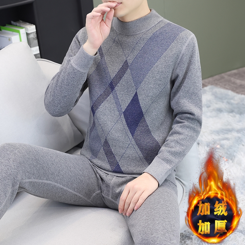 加绒加厚保暖内衣男士防寒秋衣秋裤套装冬季中青年爸爸中领打底衫