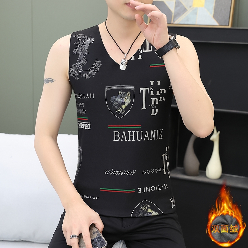男士无痕保暖背心秋冬季青年双面德绒打底衫加厚修身无袖保暖内衣