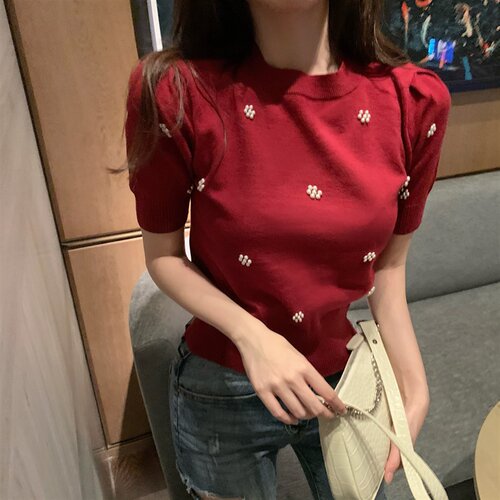 红色针织短袖t恤女钉珠短款百搭