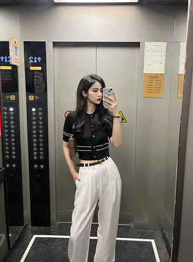法式黑色条纹短袖针织开衫女