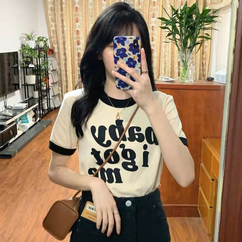 美式复古正肩短袖t恤女