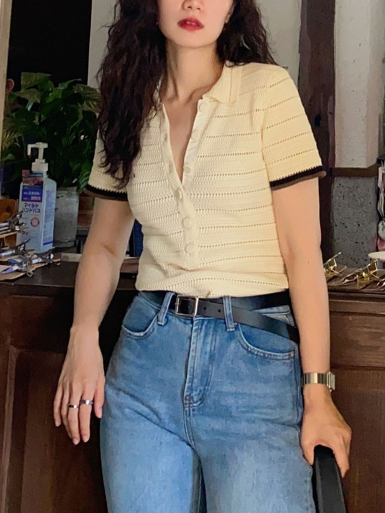 SALT POLO SHIRT WOMENS SUMMER SHORT LAPELS CHIC KNIT NICHE SHORT SLEEVE V-NECK T-SHIRT SWEET COOL TOP INS THIN STYLE