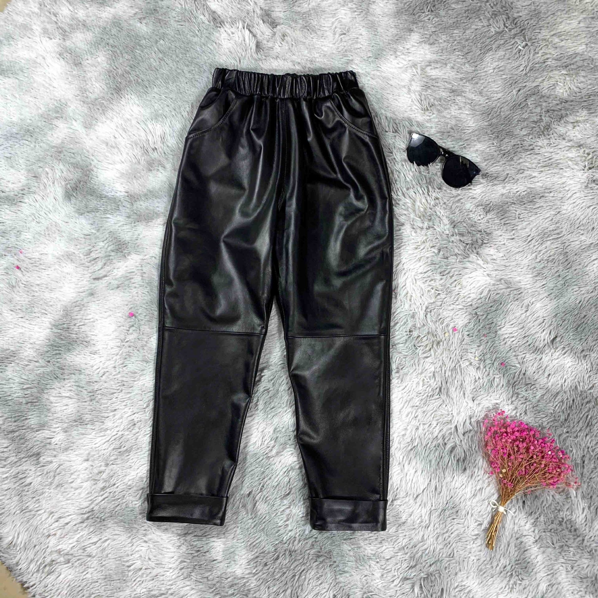 海宁真皮绵羊皮皮裤新款显瘦九分裤松紧腰哈伦宽松女休闲裤秋冬款