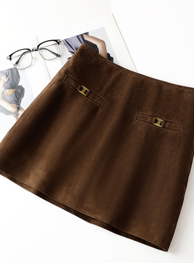 真皮皮裙HN5357 山羊反绒欧美风简约包臀A字短裙显瘦半身裙女
