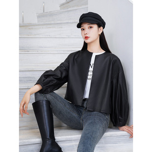 真皮夹克外套 绵羊皮皮衣女高腰泡泡灯笼袖 2024年秋冬款 小个子短款