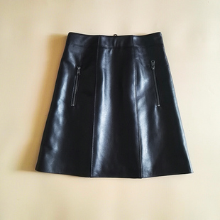 真皮a字半身裙女黑色高腰短裙遮肚子半裙绵羊皮裙子裤秋冬小个子