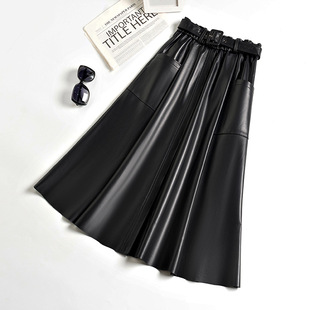 真皮半身裙女2025秋冬新款绵羊皮松紧腰大摆裙纯色中长款皮裙伞裙