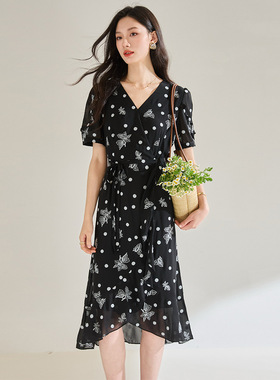 盛宏25夏优雅淑女度假风系带轻薄雪纺收腰连衣裙女夏季款18835